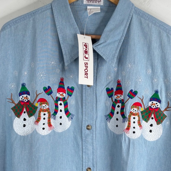 VTG NWT Embroidered Christmas Denim Button Down 3X Snowman Holiday 90s Snowflake - Picture 2 of 8